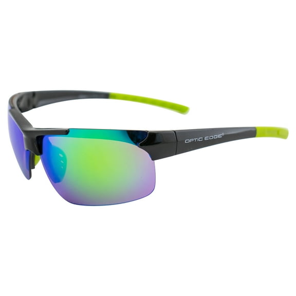 Optic Edge Frontrunner Sports & Motorcycle Sunglasses for Men or Women Semi-Rimless Black Frame w/Dielectric Green Mirror Lenses