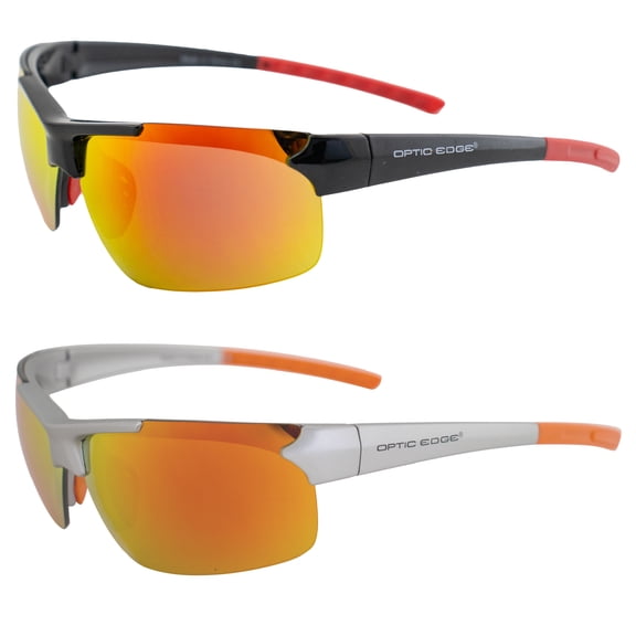 Optic Edge Frontrunner Sports & Motorcycle Sunglasses for Men or Women Semi-Rimless Black Frame w/Red & Orange Mirror Lenses