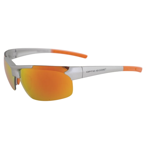 Optic Edge Frontrunner Sports & Motorcycle Sunglasses for Men or Women Semi-Rimless Silver Frame w/Dielectric Orange Mirror Lenses