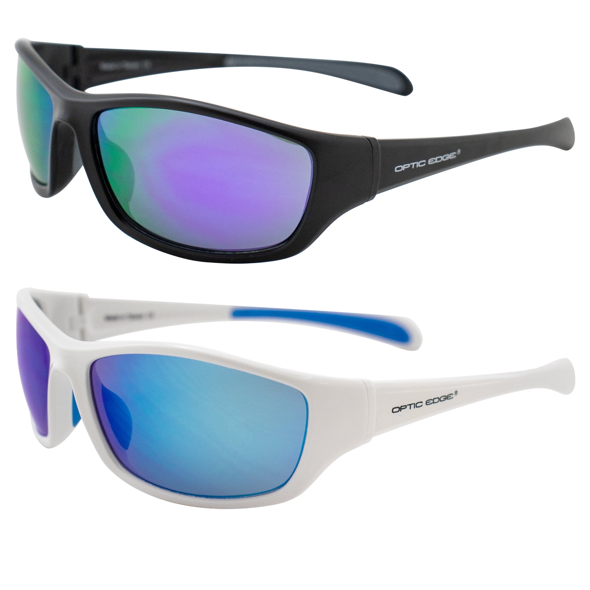 Optic Edge Overdrive Sports & Motorcycle Sunglasses for Men or Women 2 Pairs Matte Black Purple Mirror Lens & White Blue Mirror Lens