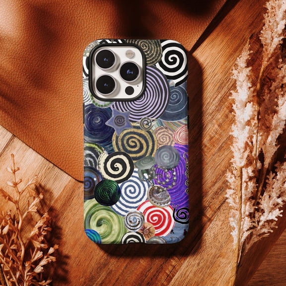 Optic Swirl Collage Phone Case, Retro Hypnotic Spiral Design Art, 17 16 15 14 13 12 11 Pro Max