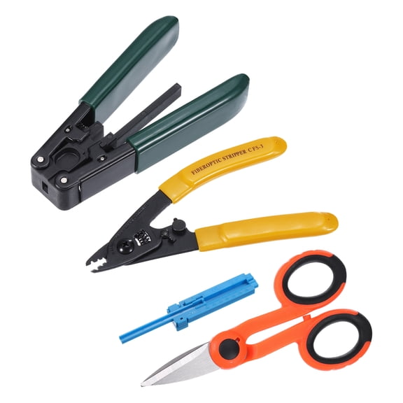Optical Fiber Tool with Metallic Fiber Optic Stripper, Three Hole Stripper, Scissors, Blue Wire Guide