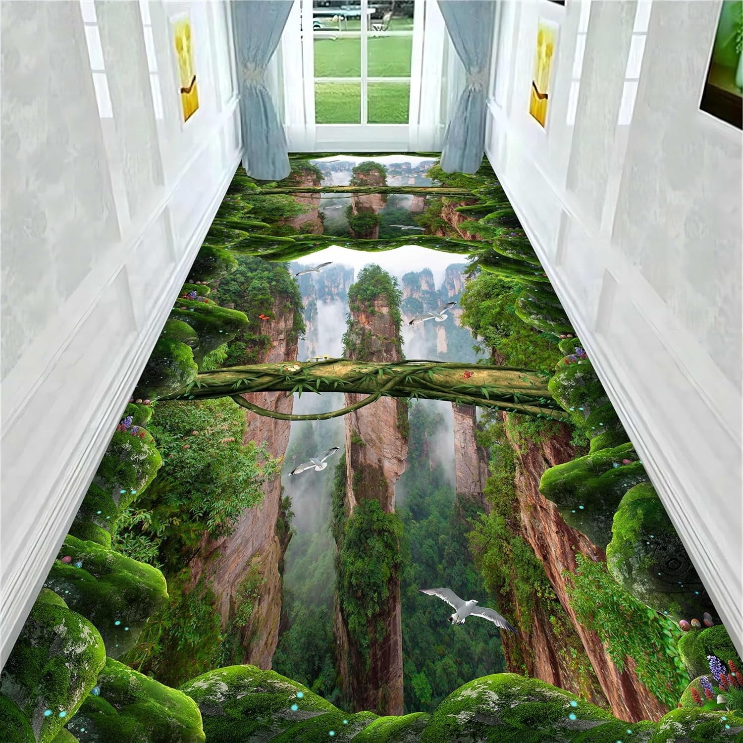 Optical Illusion Area Rug, 2x7ft, 3D Green Corridor Rugs with Prints Like Cliffs Flying Cranes and Green Plants, Exciting Abstract Decorative Carpet for Living Room Children's Bedroom Office