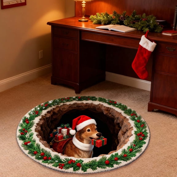 Optical Illusion Christmas Rug, 3D Santa Claus Themed Decorative Round Mat for Holiday Home Decor and Party Floor Decorations