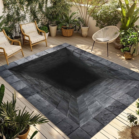 Optical Illusion Outdoor Rug for Patio/Deck/Porch, Non-Slip Large Area Rug 3 x 5 Ft, Abstract 3D Black Grey Looks Like Holes Indoor Outdoor Rugs Washable Area Rugs, Camping Rug Carpet Runner