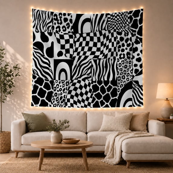 Optical Illusion Patchwork on Black-and-White Animal Prints, Energetic Abstract for Wildlife Fans, Monochrome Decor Collage, Housewarming Gift, Tapestry Wall Hanging for Bedroom and Living Room