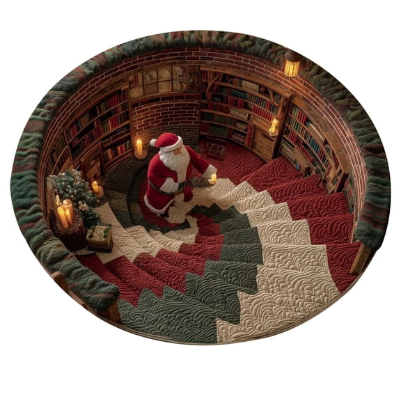 Optical Illusion Round Christmas Tree Skirt Crystal Velvet Floor Mat with 2D Print Santa Library Spiral Stair for Holiday Home Party Indoor Decor, 40 Inch