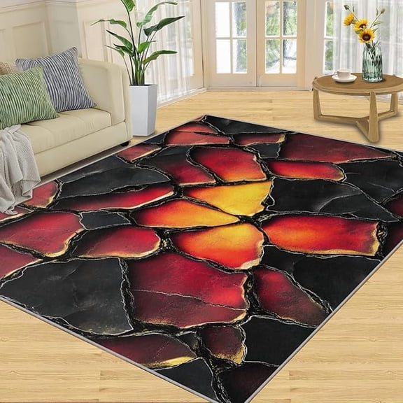 Optical Illusion Rug, Lava Crackle Area Rugs for Bedroom, Modern Rugs for Living Room, Black Volcano Crack Washable Mat, Art Carpet, Volcano Home Decor & Gifts 5 x 8ft