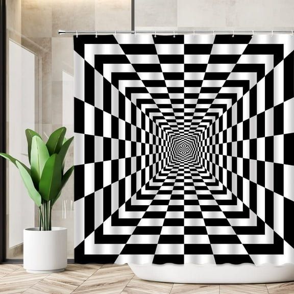 Optical Illusion Shower Curtain Black White Checkboard Pattern Reflecting Symmetric Squares Zoom Abstract Plaid Vortex Hippie Modern Art Polyester Bathroom Decor with Hook 72"W x 72"L (Pack of 1)