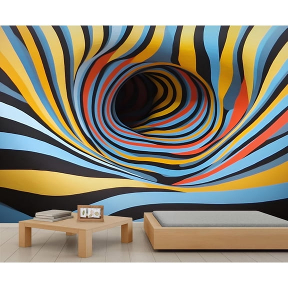 Optical Illusion Wall Mural - Colorful Stripes Wall Murals, 3D Swirl Stripes Hd Photo For Living Room Bedroom, Visual Trap Mural 55"W x 28"H (Not Peel and Stick)
