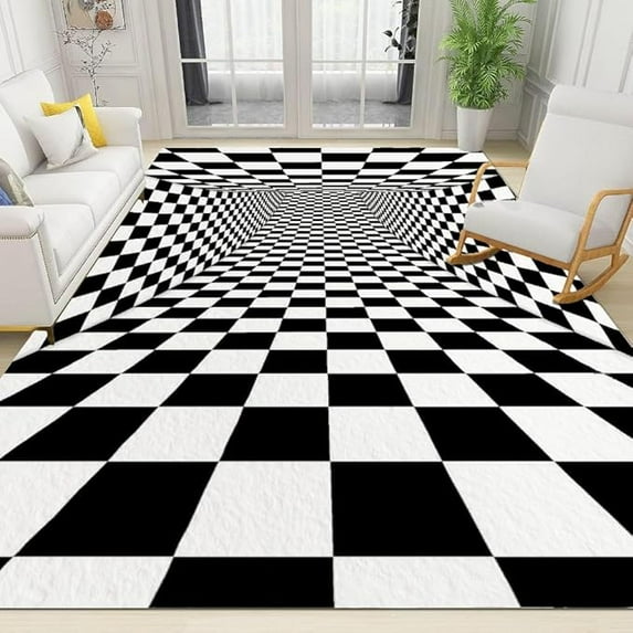 Optical Square Black And White Illusion Fit Under Door Rugs For Entryway, 3D Tunnel Design Kitchen Runner Rug Soft Non Slip Washable For Entryway Hallways Indoor Runner Rugs 2 x 3ft