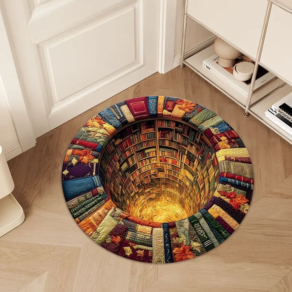 Optical T-Rexs Book Cave Crystal-Velvet Round Rug Non-Slipes Floor Mat for Bedroom Library and Study