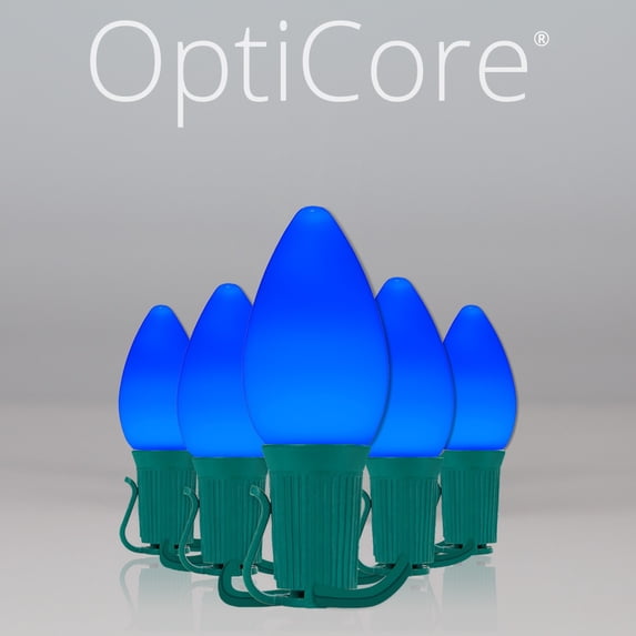 Opticore LED C7 Smooth Ceramic-Style Blue Christmas Lights with Shatterproof Christmas Bulbs, 25 Lights, 25ft
