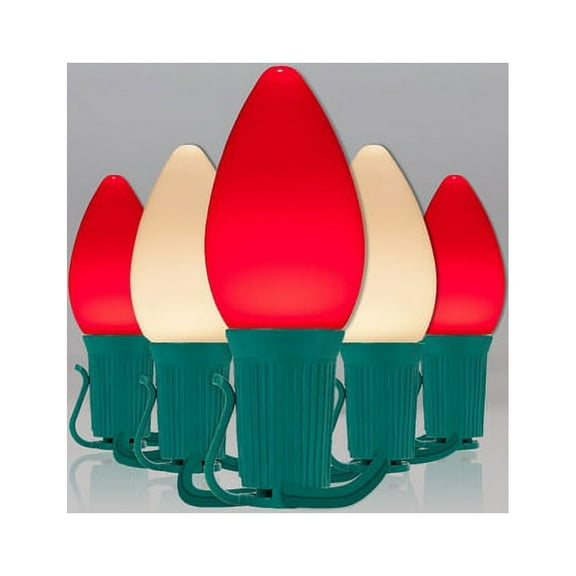 Opticore LED C7 Smooth Ceramic-Style Red and Warm White Christmas Lights with Shatterproof Christmas Bulbs, 50 Lights, 50ft