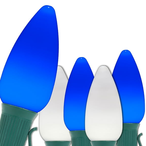 Opticore LED C9 Smooth Ceramic-Style Blue and White Christmas Lights with Shatterproof Christmas Bulbs, 50 Lights, 50