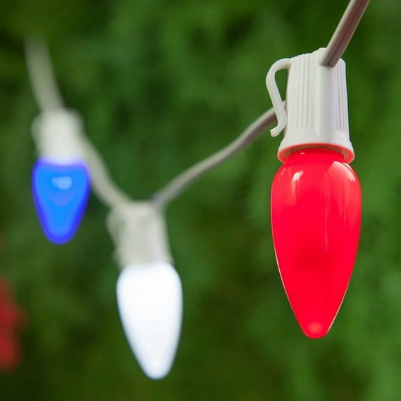 Opticore LED C9 Smooth Ceramic-Style Patriotic July 4th Red, White and Blue Sting Lights with shatterproof Bulbs, 75 Lights, 75’