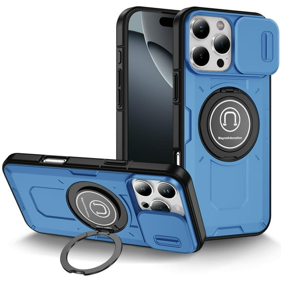 Optics Armor Hybrid Case with Rotating Ring Stand and Privacy Camera Lens Cover for iPhone 16 Pro - Light Blue