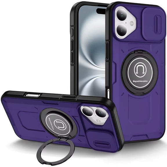 Optics Armor Hybrid Case with Rotating Ring Stand and Privacy Camera Lens Cover for iPhone 16 - Purple