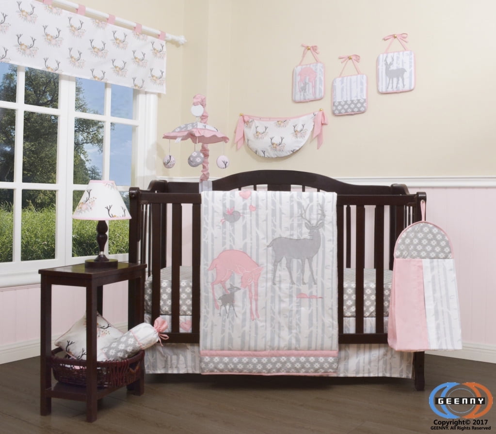 12Piece Deer Family Girl Nursery Crib Bedding Set, Machine Washable