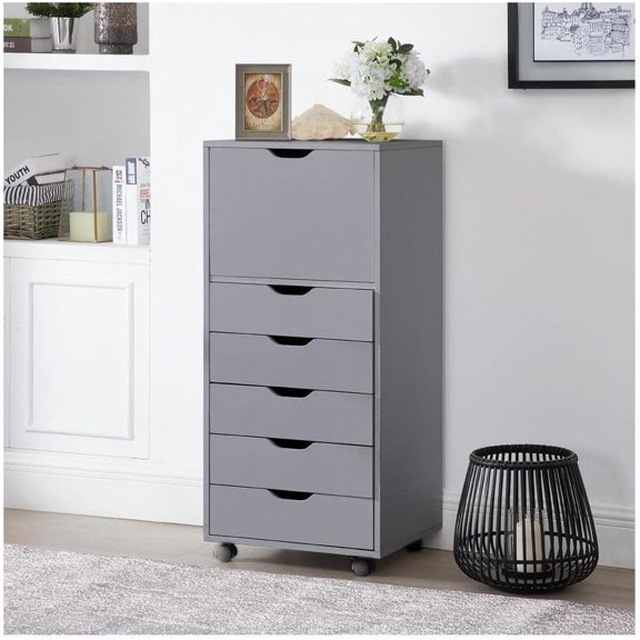 Optimized for Office, Craft, and Clothing Storage! Carly Tall Design 6-Drawer Gray File Cabinet on Wheels: Elevate Your Organization with Stylish Solutions! Ideal for Filing and Home Office Needs