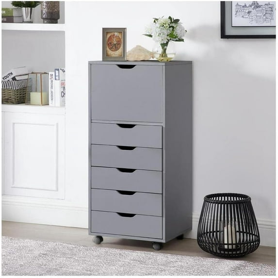 Optimized for Office, Craft, and Clothing Storage! Carly Tall Design 6-Drawer Gray File Cabinet on Wheels: Elevate Your Organization with Stylish Solutions! Ideal for Filing and Home Office Needs