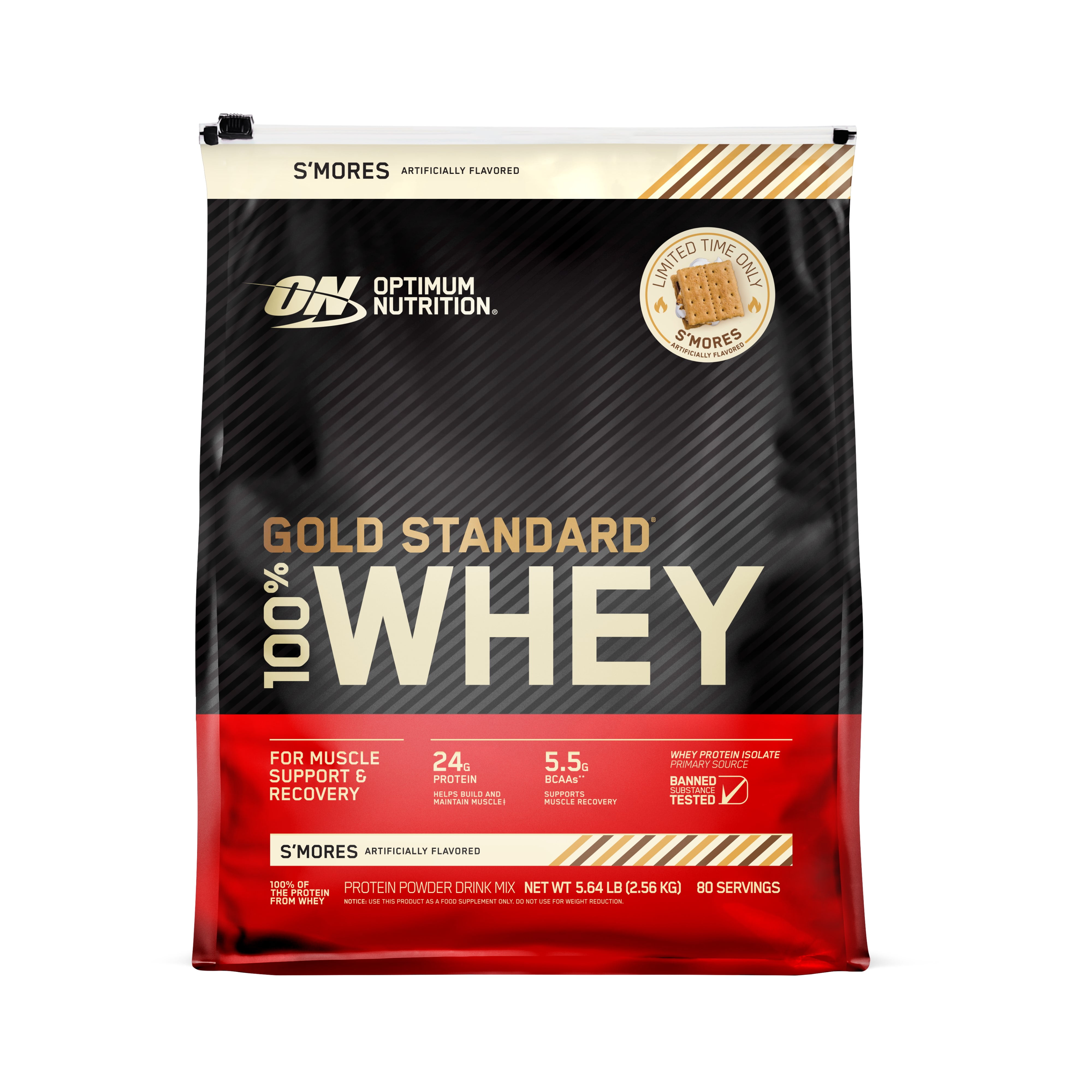 Optimum Nutrition 100% Gold Standard Whey Protein Powder - Protein Powder with a Blend of Hydrolyzed, Isolate and Whey Protein - Protein Powder for Muscle Recovery - S'Mores, 5.64 lb (80 Servings)
