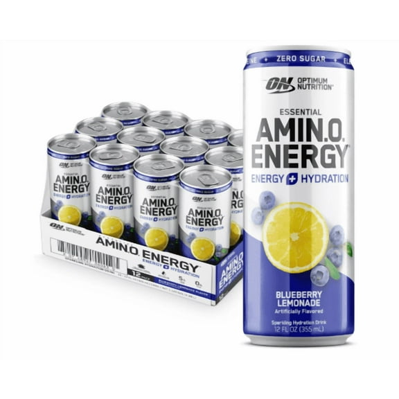 Optimum Nutrition Amino Energy Sparkling Hydration Drink, Electrolytes, Caffeine, Amino Acids, BCAAs, Sugar Free, Blueberry Lemonade, 12 Fl Oz, 12 Pack (Packaging May Vary)