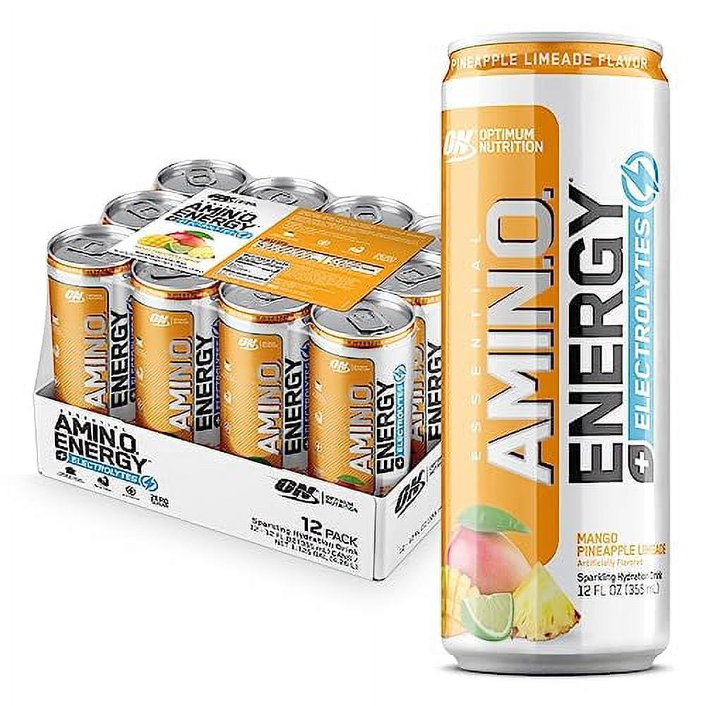 Optimum Nutrition Amino Energy Sparkling Hydration Drink, Electrolytes, Caffeine, Amino Acids, BCAAs, Sugar Free, Mango Pineapple Limeade, 12 Fl Oz, 12 Pack (Packaging May Vary)