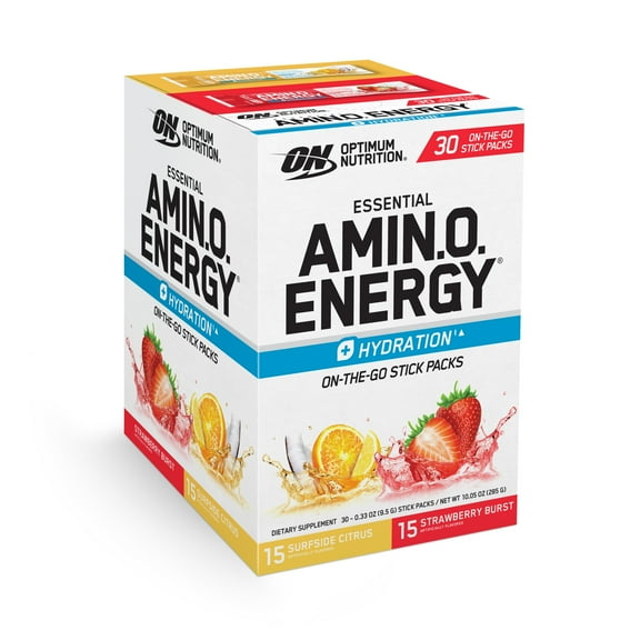 Optimum Nutrition Essential Amino Energy Plus Electrolytes Stick Packs, Energy Powder, Surfside Citrus and Strawberry Burst, 30 Count