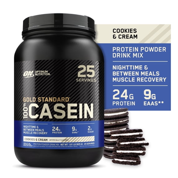 Optimum Nutrition Gold Standard 100% Casein Protein Powder, Cookies & Cream, 24g Protein, 2 Lb