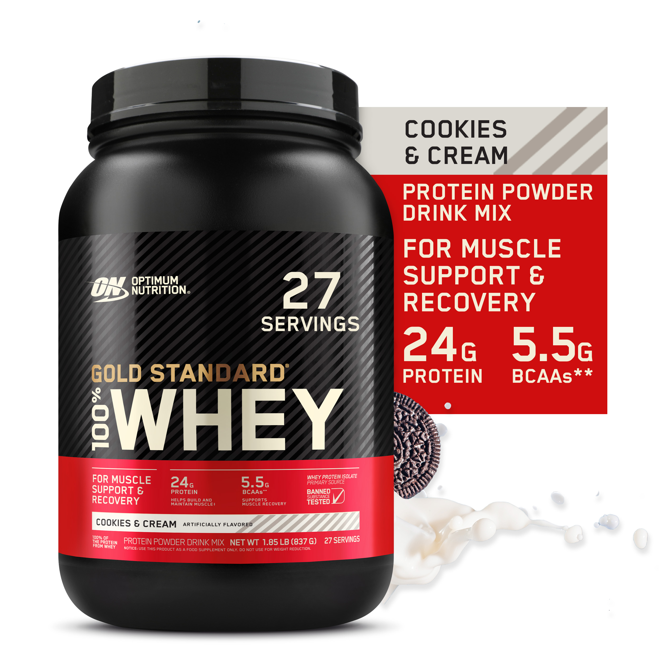 Optimum Nutrition, Gold Standard 100% Whey Protein Powder, 24 g Protein, Cookies & Cream, 1.85 lb, 27 Servings - image 1 of 11