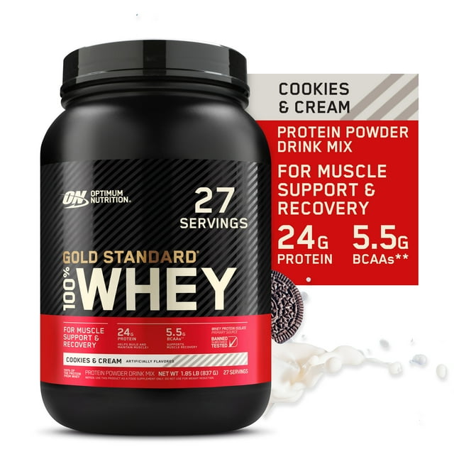 Optimum Nutrition, Gold Standard 100% Whey Protein Powder, 24 g Protein, Cookies & Cream, 1.85 lb, 27 Servings