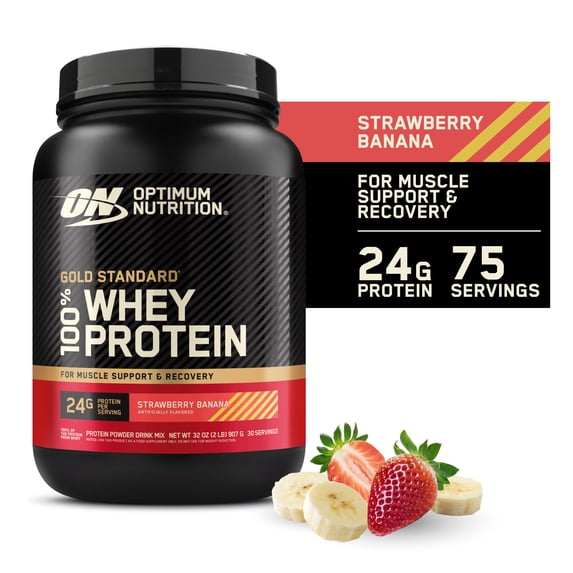 Optimum Nutrition, Gold Standard 100% Whey Protein Powder, 24 g Protein, Strawberry Banana, 2 lb, 30 Servings