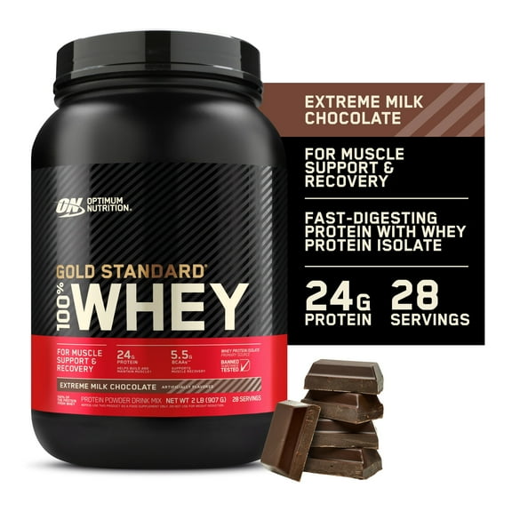 Optimum Nutrition Gold Standard 100% Whey Protein Powder, Extreme Milk Chocolate, 24g Protein, 2 LB