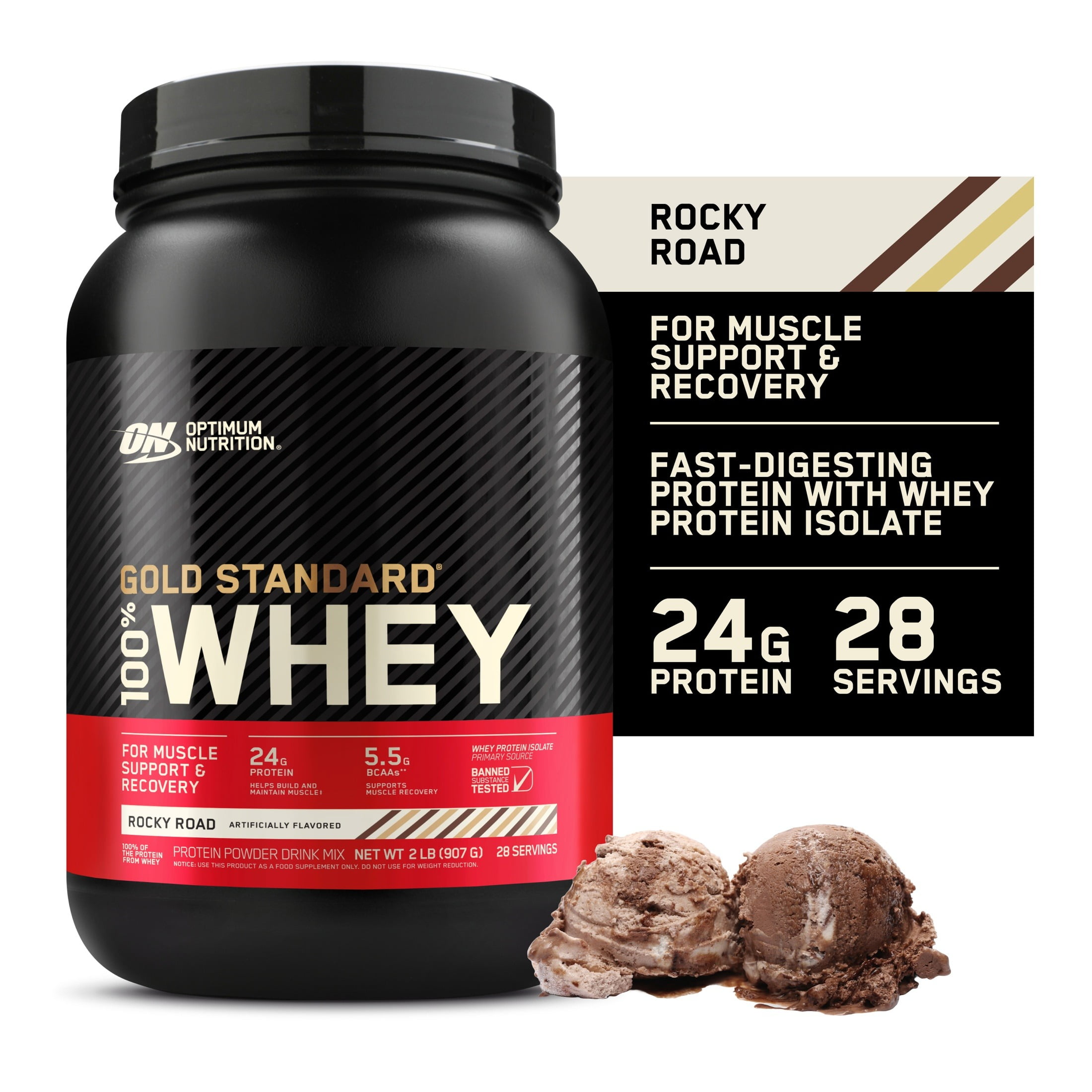 Optimum Nutrition Gold Standard 100% Whey Protein Powder, Rocky Road, 24g Protein, 2 Lb