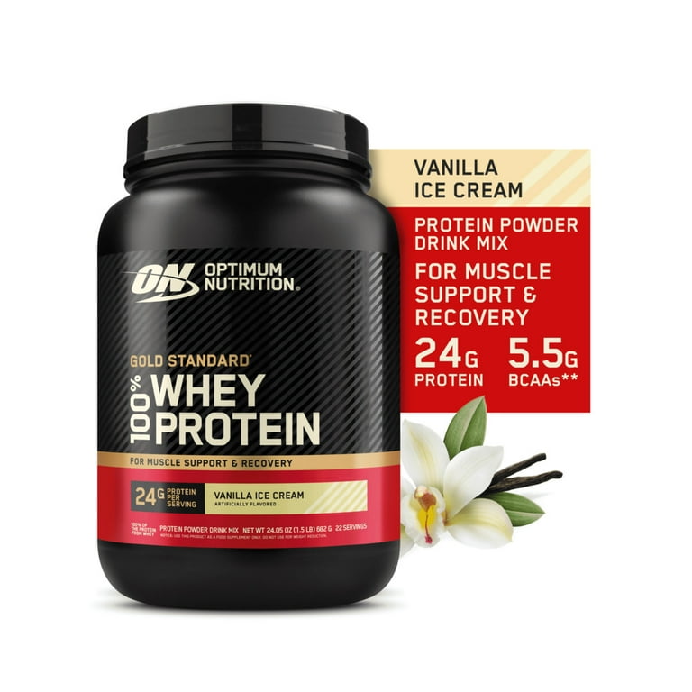 Optimum Nutrition, Gold Standard 100% Whey Protein Powder, Vanilla Ice Cream 1.5lb Tub