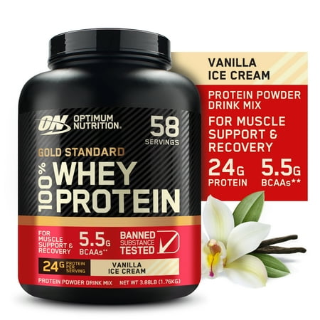 Optimum Nutrition Gold Standard 100% Whey Protein Powder, Vanilla Ice Cream, 24g Protein, 58 Servings