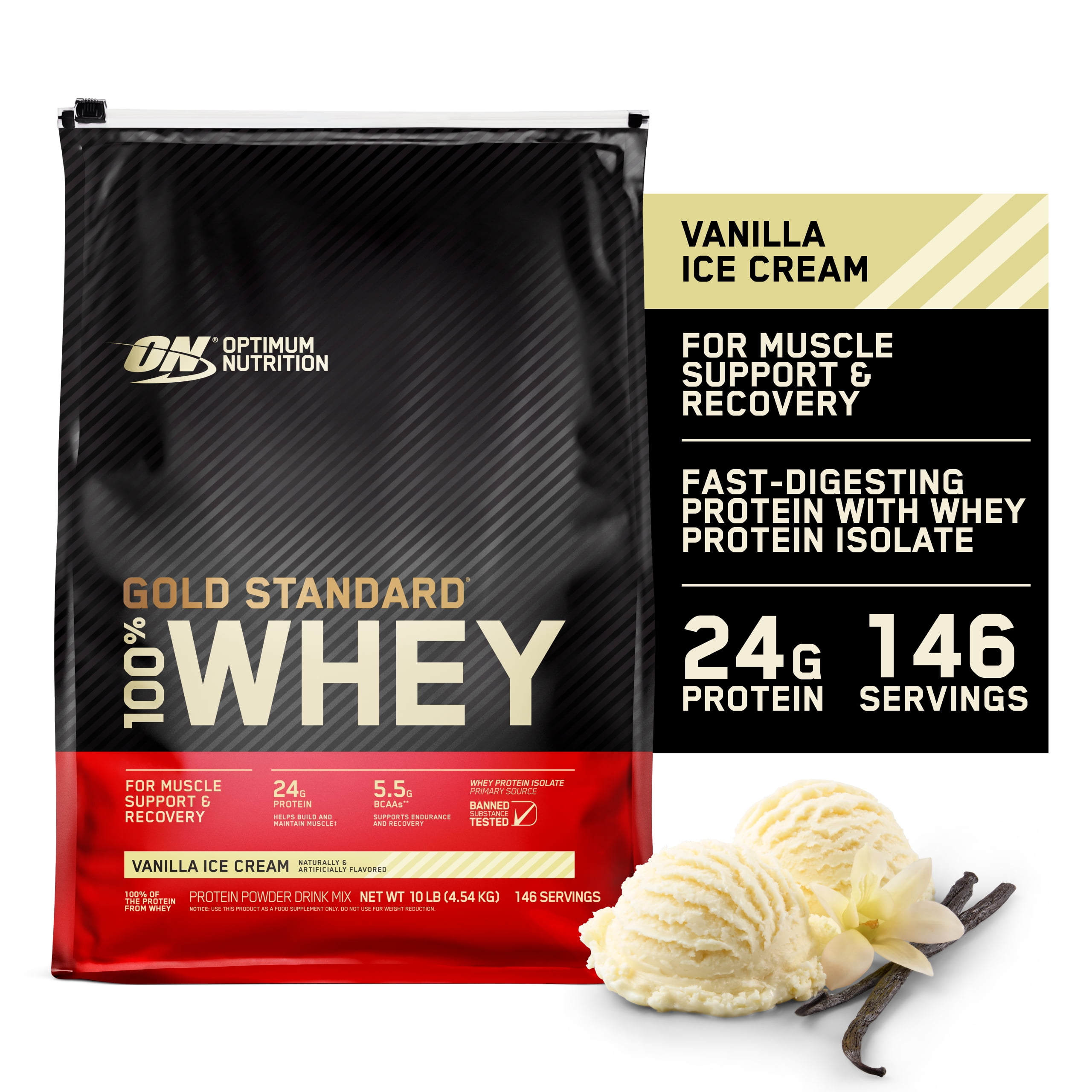 Optimum Nutrition, Gold Standard 100% Whey Protein Powder, Vanilla Ice Cream, 9.98 lb, 146 Servings