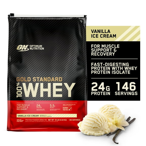 Optimum Nutrition, Gold Standard 100% Whey Protein Powder, Vanilla Ice Cream, 9.98 lb, 146 Servings