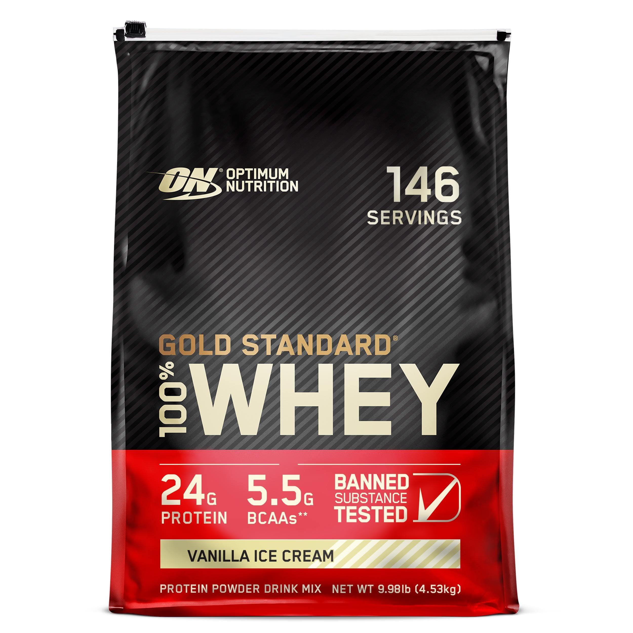 Optimum Nutrition, Gold Standard 100% Whey Protein Powder, Vanilla Ice Cream, 9.98 lb, 146 Servings