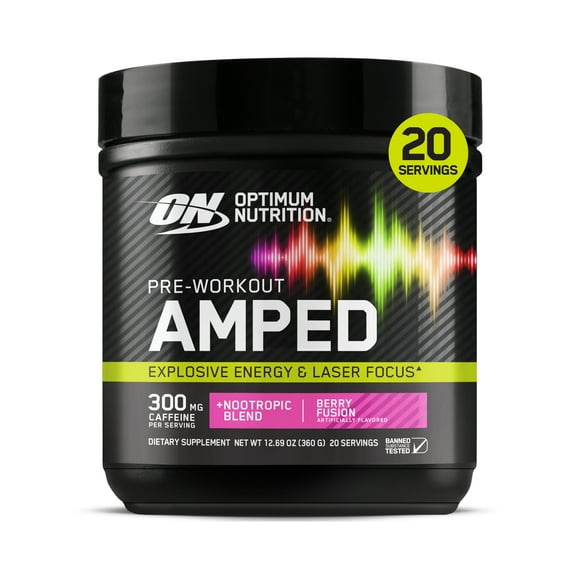 Optimum Nutrition, Pre-Workout Amped Powder, Berry Fusion, High Stim, Sugar-Free, Caffeine, 20 Servings