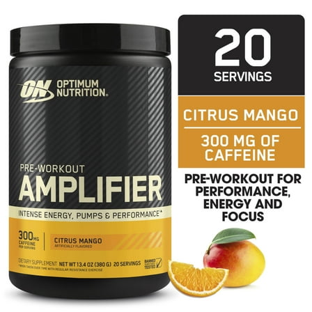 Optimum Nutrition, Pre-Workout Amplifier Powder, Citrus Mango, High Stim, Sugar-Free, Caffeine, 20 Servings