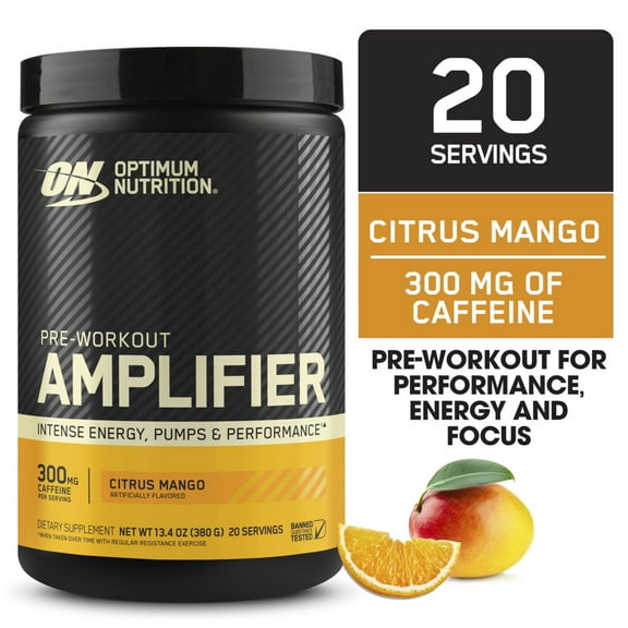 Optimum Nutrition, Pre-Workout Amplifier Powder, Citrus Mango, High Stim, Sugar-Free, Caffeine, 20 Servings