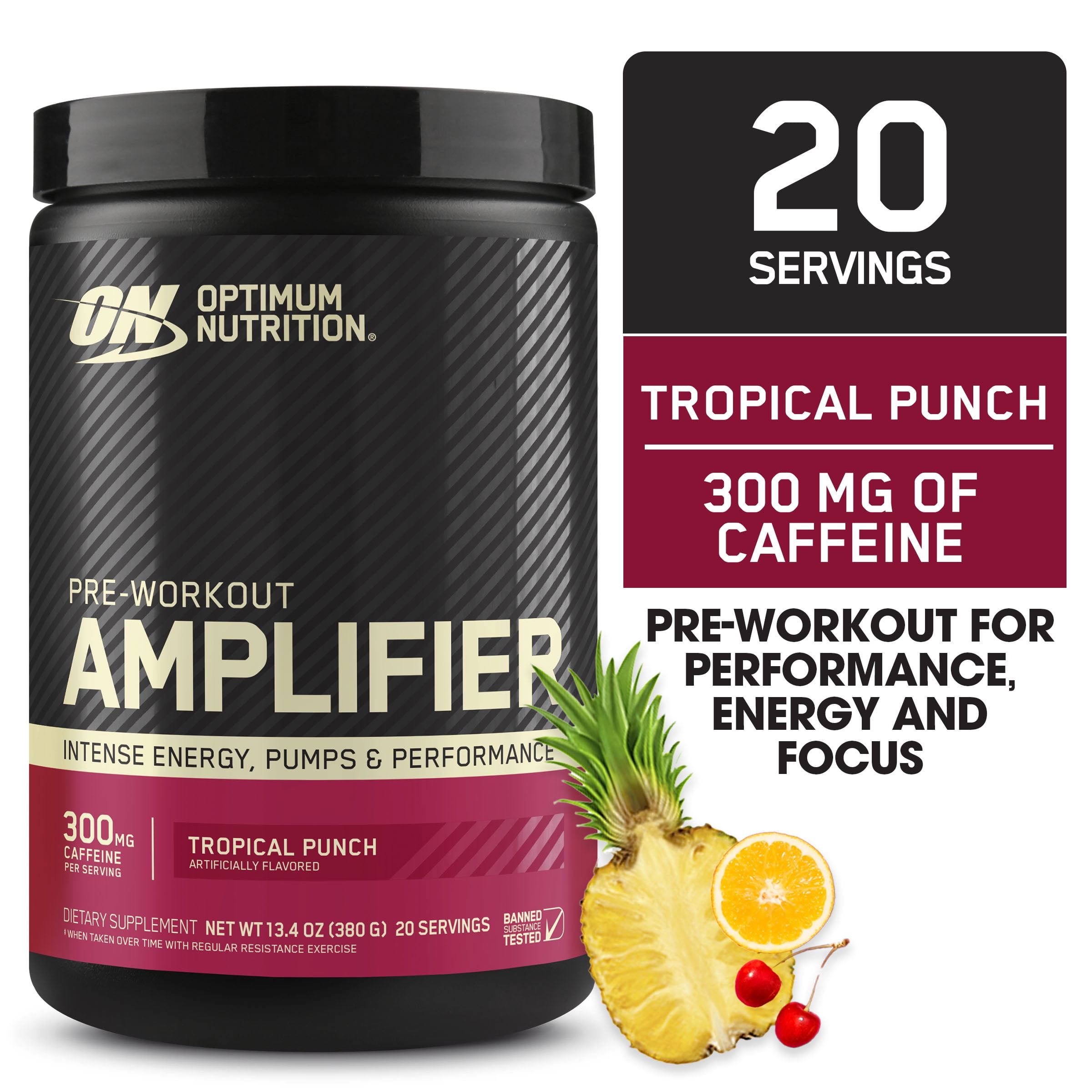 Optimum Nutrition Pre-Workout Amplifier Powder, Tropical Punch, 20 Servings