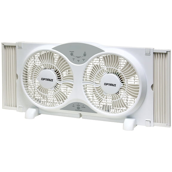 Optimus F-5288 9" Reverse Twin Window Fan with Remote & LED - White
