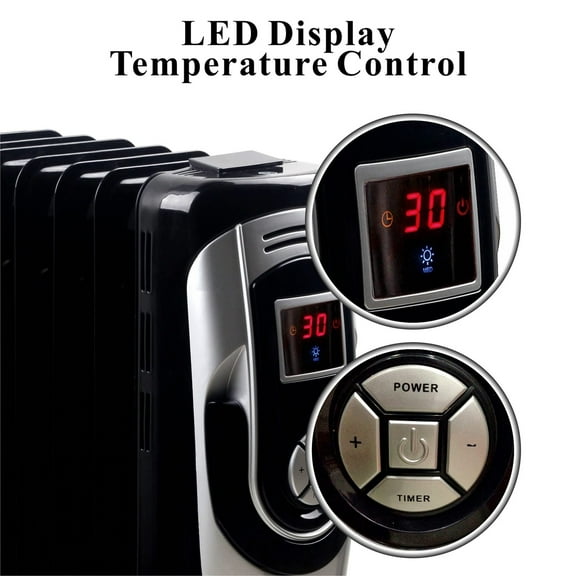 Optimus H-6015 3-Setting 1,500-Max 7-Fin Portable Oil-Filled Radiator Heater with Digital Display, Timer, Thermostat, and Wheels
