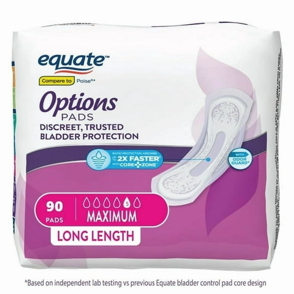 Options Women's Incontinence Pads, Maximum Absorbency, Long Length (90 Count), Compare to Poise