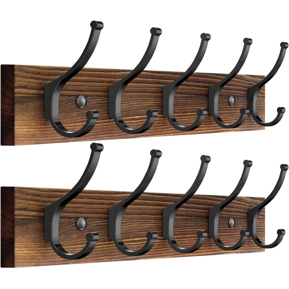 Optish 2 Pack Wooden Coat Rack Wall Mount, 16.1" Rustic Hanger Hooks with 10 Double Hooks, for Hat, Clothes, Bags, Jacket, Brown