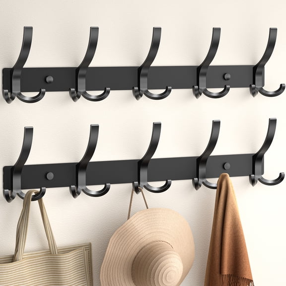 2 Pack Coat Rack Wall Mount, Coat Hooks Wall Mounted with 5 Tri Hooks, 16 Inch Heavy Duty Coat Rack to Hang Coats, Hat and Towel, Wall Hooks for Entryway and Bedroom (Black)