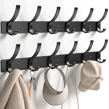 2Pack Coat Rack Wall Mount, Entryway Coat Hooks Wall Mounted, Heavy Duty Coat Hangers for Wall with 12 Hooks to Hang Coats, Jacket, Hat, 2pcack